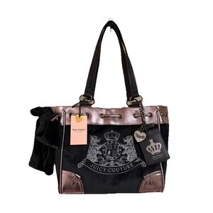 Juicy Couture Classic Scottie Dog Tote Bag Black Velour Metallic Trim HTF Viral